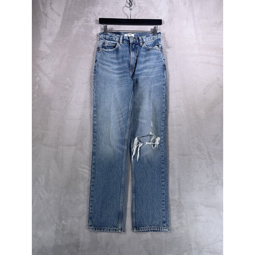 Re/Done Straight Leg Jeans Womens Size 25x29 Light Blue Distressed Denim